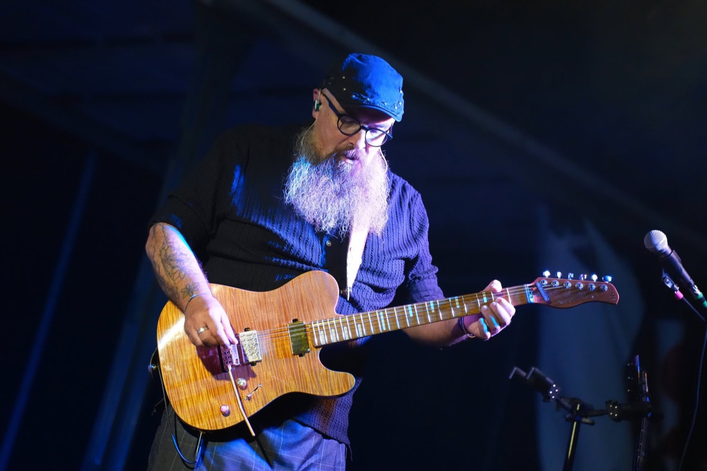 Guitariste de PINK GORILLA concentré sur son instrument pendant le concert.
